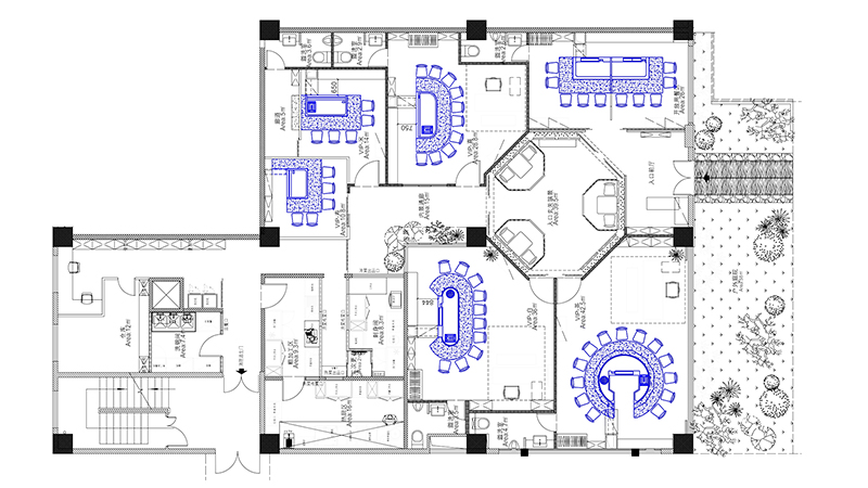 定制圆形+椭圆形+拱形+长方形，共6个包间，上海铁板烧餐厅CAD平面布局图